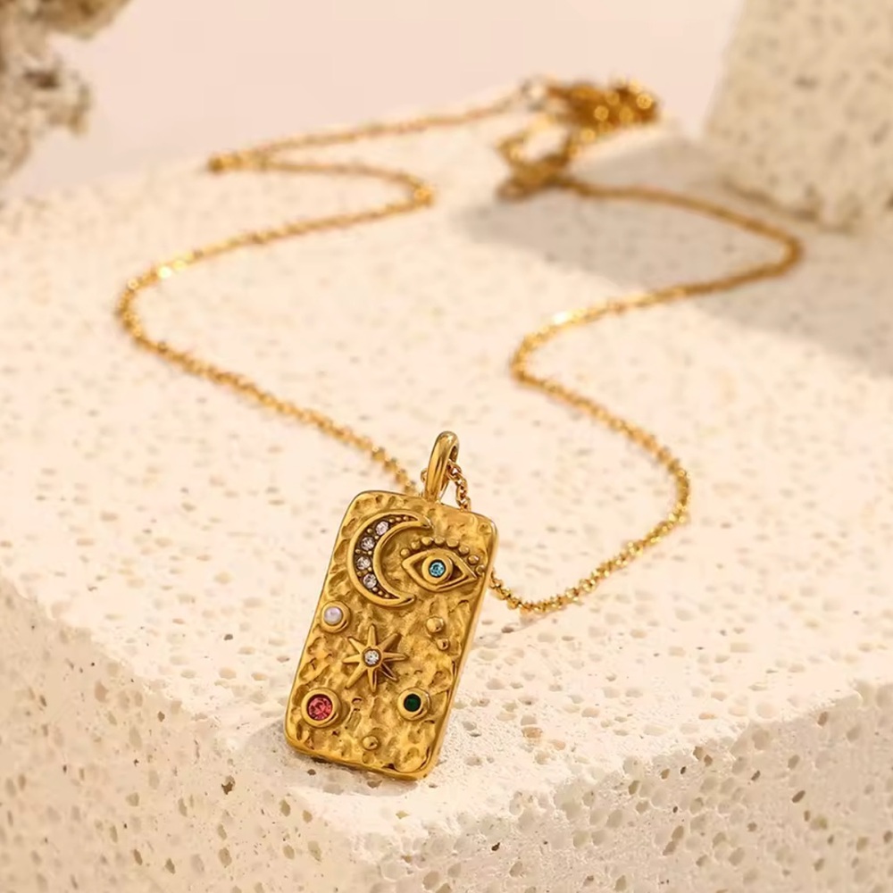 NEW 18K GOLD PLATED “COSMIC LUXE” RECTANGLE PENDANT NECKLACE – MULTICOLOR ASTRAL